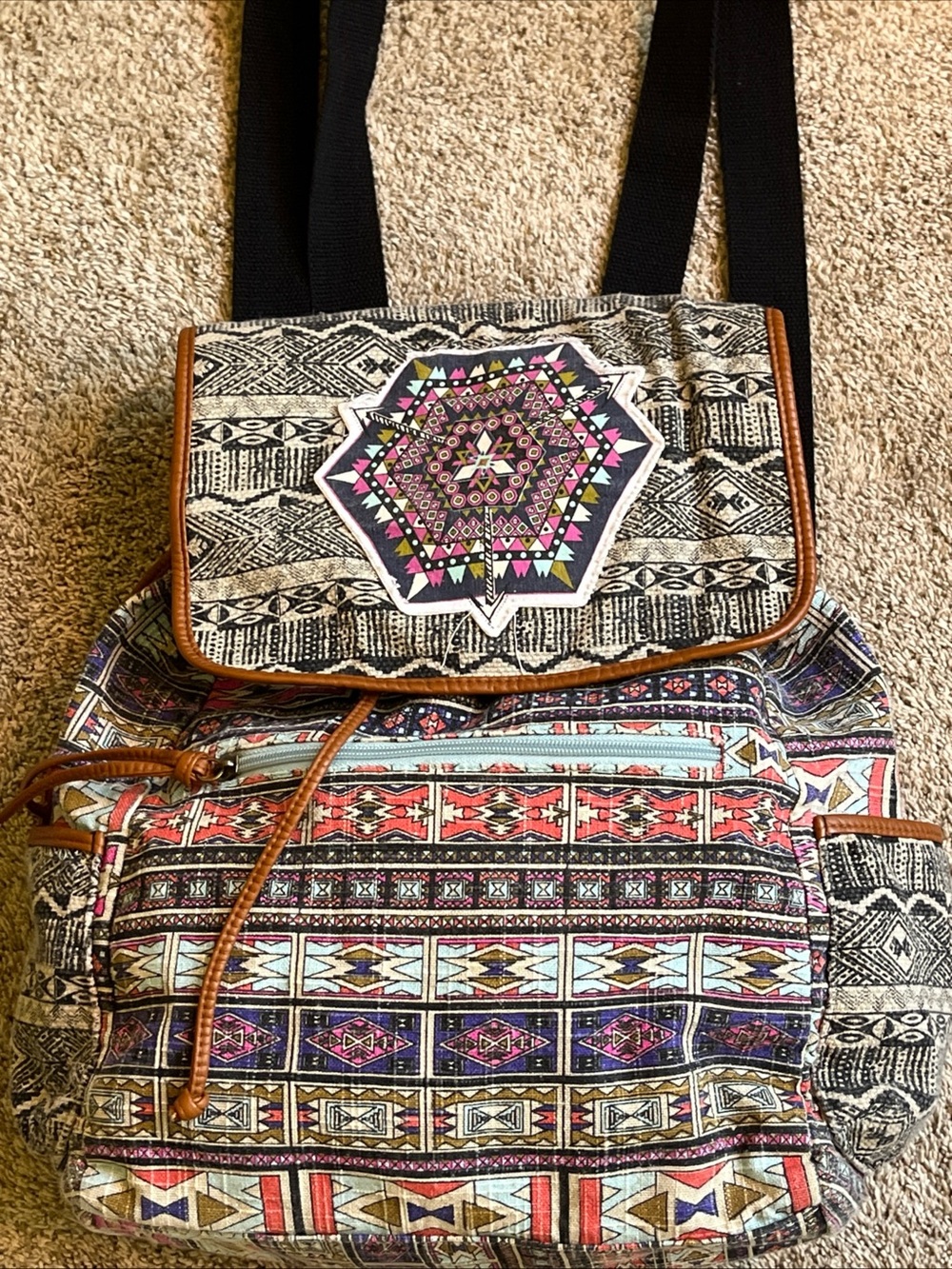 Mossimo Supply Co. Multicolor Aztec-Print Canvas Backpack with Brown Trim